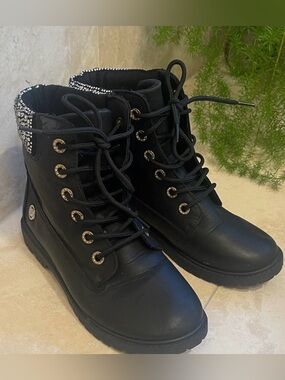 Bebe Zara Black Studded Combat Boots/Jeweled Embellishments